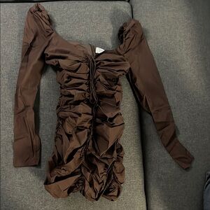 Zara brown Ruched Long Sleeve Dress